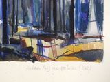a watercolor painting of a boat in the water