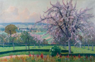 a painting of a tree in the middle of a field