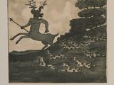 a drawing of a man riding a horse with a bird on his head