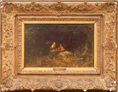 tableau représentant un garçon et un chien dans un décor boisé