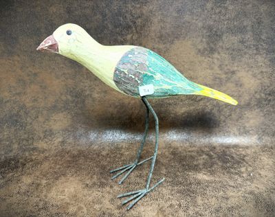 a green and yellow bird that is standing on a brown surface