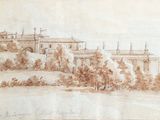 an old drawing of a building with trees in front of it