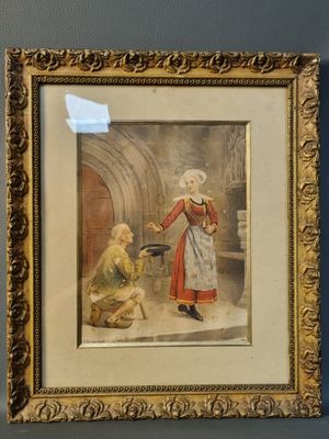painting of a woman in a red dress and a man in a white dress
