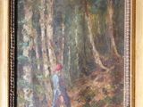 an oil painting of a woman walking through a forest with a red umbrella