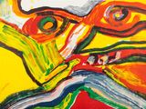 abstract painting of a man ' s face on a yellow background