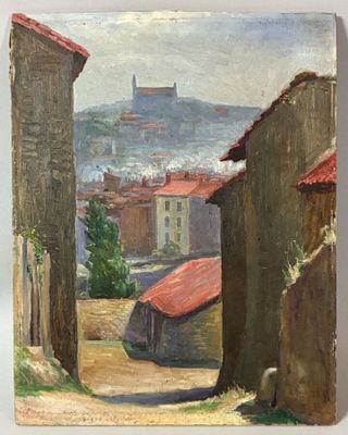 une image représentant une peinture d'une rue avec des bâtiments et un château en arrière-plan