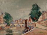 tableau représentant une rivière, avec des arbres et des bâtiments en arrière-plan