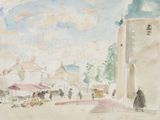 une image d'une peinture représentant une scène de rue avec une église en arrière-plan