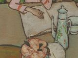 un tableau représentant une femme assise à une table en train de lire un livre