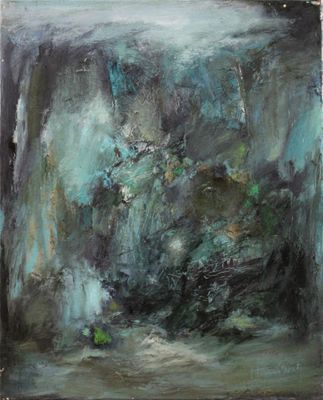 an oil painting of a green and black landscape with trees