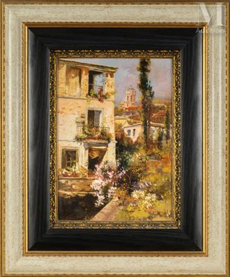 a painting of a house with flowers in front of it