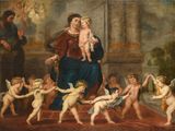 une image représentant un tableau où l'on voit une femme tenant un bébé dans ses bras, entourée d'anges