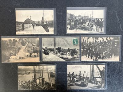 several old black and white photos of people on a boat