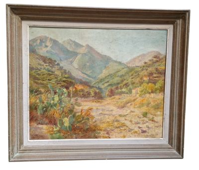 un tableau représentant un paysage désertique avec des montagnes en arrière-plan