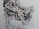 drawing of a nude woman laying on a bed with her hands behind her head