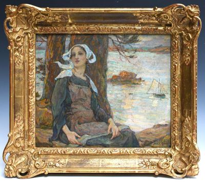 an image of a painting of a woman in a dress sitting on the ground