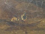 a painting of two men in a boat on the water