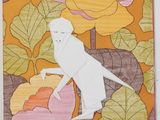 a picture of an origami bird on a flowery background