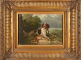 un tableau représentant un chien et une fillette accompagnée d'un chien dans un paysage
