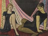 tableau représentant deux femmes en robe noire assises sur un tapis rouge