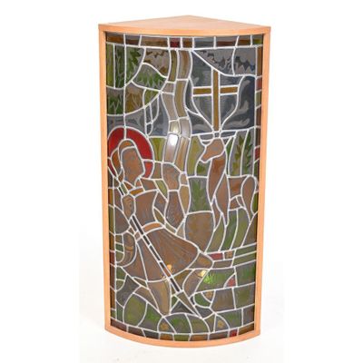 a picture of a stained glass window with a bird on it