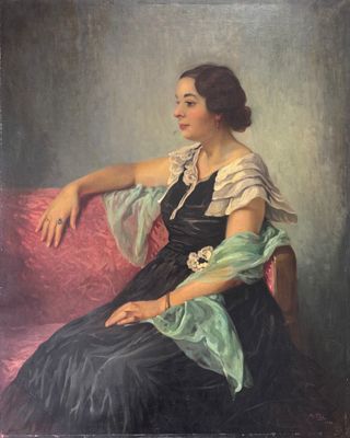 painting of a woman in a black dress sitting on a red couch