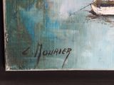 a painting of a boat on the water with a sky background