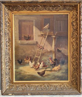 une peinture à l'huile représentant des poulets et une mangeoire à oiseaux posée sur une table en marbre