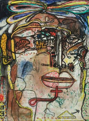 an image of a painting of a woman with a dragonfly on her head