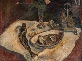 a painting of a plate of food on a table