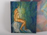 painting of a woman sitting on a rock in front of a painting of a man