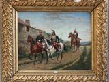 painting of a group of men riding horses down a dirt road