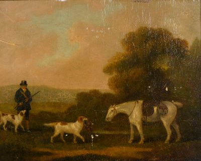 tableau représentant un homme à cheval accompagné de chiens et d'un autre homme à cheval