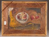 painting of a bowl of apples and a banana on a table