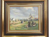 an oil painting of a group of people sitting in a field