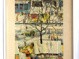 peinture représentant une scène de rue urbaine avec un arbre au premier plan
