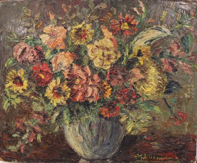 une peinture de fleurs dans un vase sur une table