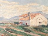 une image représentant un tableau montrant une maison blanche dans un champ