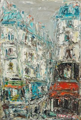 une peinture à l'huile représentant une rue de la ville avec des immeubles et un bus