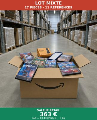 une boîte remplie de DVD posée à même le sol dans un entrepôt