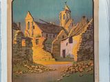 affiche française représentant un village avec, en arrière-plan, une église et un clocher
