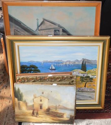 Deux tableaux représentant une maison et un bateau sont posés sur un tapis
