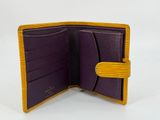 purple and yellow bifold wallet on white background with white background