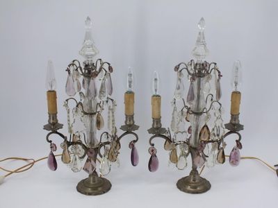 paire de chandeliers anciens en cristal et laiton