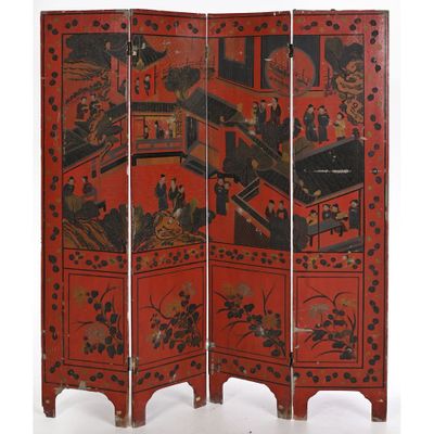 a red four - paneled screen with oriental scenes on it