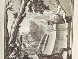 illustration of a woman and a dog in a landscape with trees