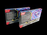 two boxes of pokemon cards are shown on a black background