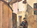 an oil painting of a man walking down a street past a building