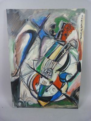 painting of a painting of a man with a guitar on a white background