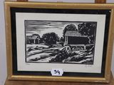 un dessin en noir et blanc représentant une scène de vie à la ferme, dans un cadre doré